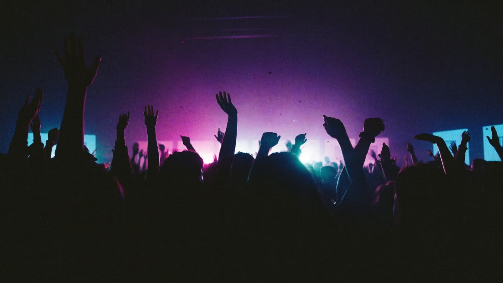 A crowd of creators with hands raised under violet stage lights at a Perfect Society event